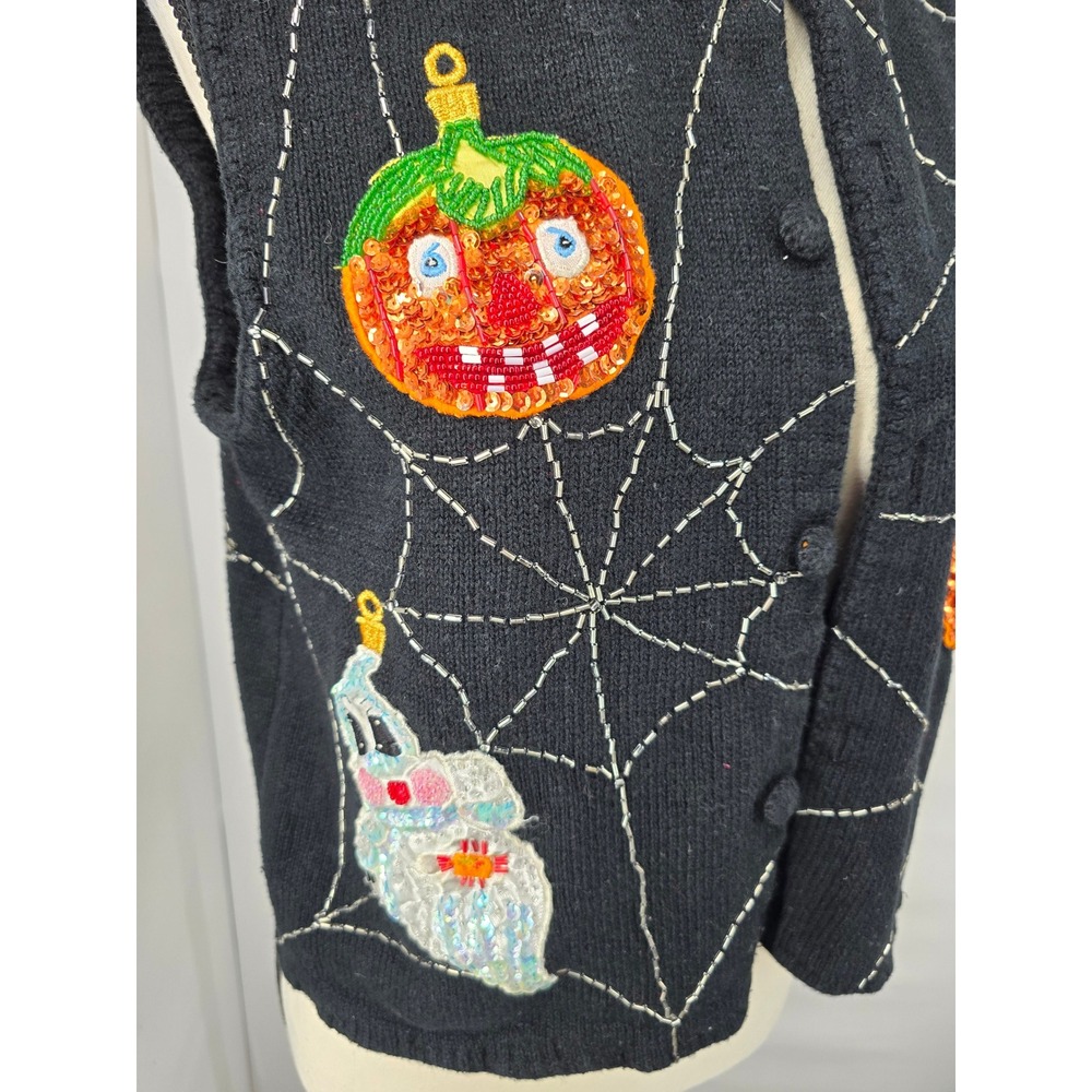 Christopher Radko Bellepointe Halloween Vest Black Beaded Pumpkin Ghost Womens M - Picture 2 of 7